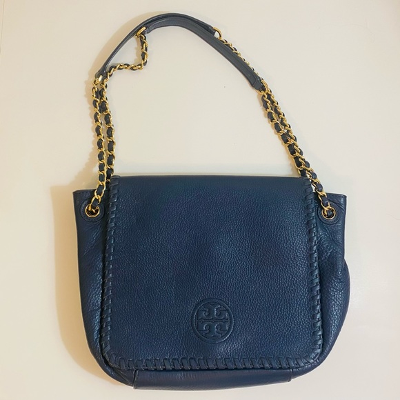 SOLD Tory Burch NWOT navy blue pebbled leather Marion shoulder bag - Picture 10 of 17